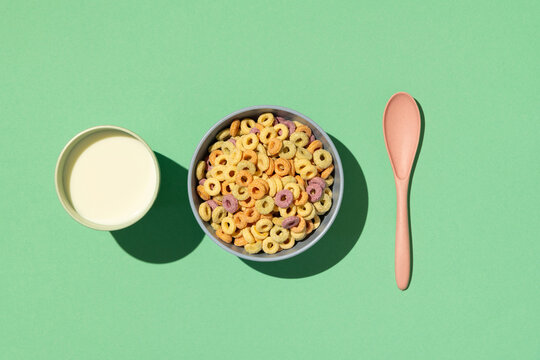 Colorful rings / loops breakfast cereal on blue background