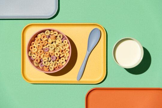 Colorful rings / loops breakfast cereal on blue background