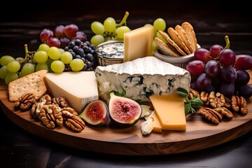 Elegant cheese platter with assorted fruits, nuts, and crackers.	Elegant cheese platter with assorted fruits, nuts, and crackers.