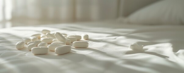 White pills scattered on a bed, illuminated by soft light, creating a serene and calming medical-themed image. White Pills on Bed in Soft Light Banner with copy space