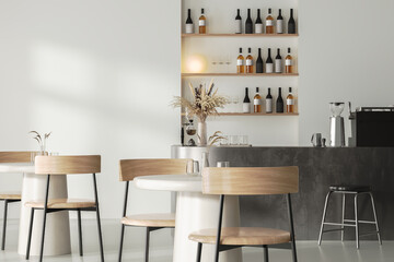 Modern and bright restaurant interior with bar counter, 3d render