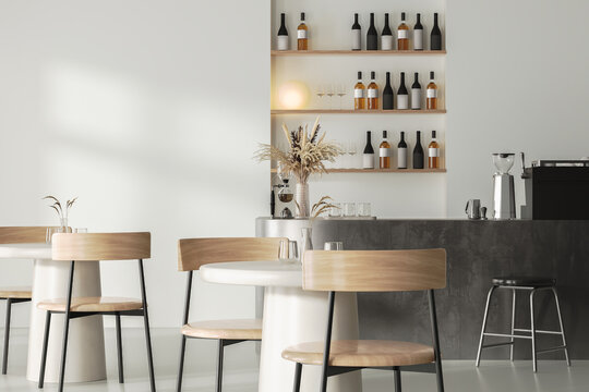 Modern and bright restaurant interior with bar counter, 3d render