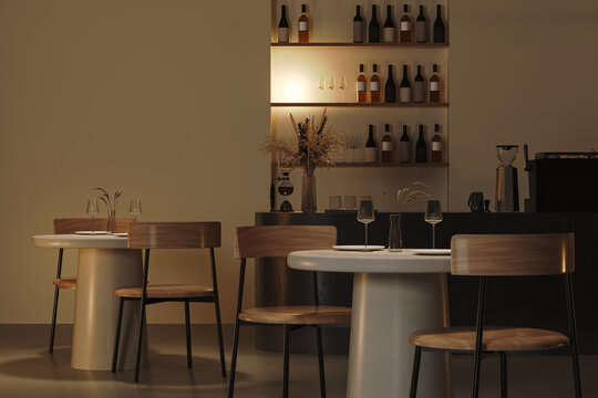 Dining restaurant interior with low warm light, 3d rendering