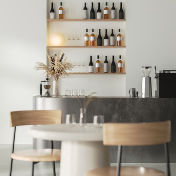 Modern coffee shop interior with metal bar counter, 3d render