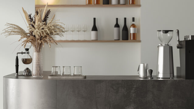 Bar counter with coffee brewing equipment and wine shelf on background
