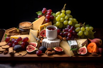 Elegant cheese platter with assorted fruits, nuts, and crackers.	Elegant cheese platter with assorted fruits, nuts, and crackers.