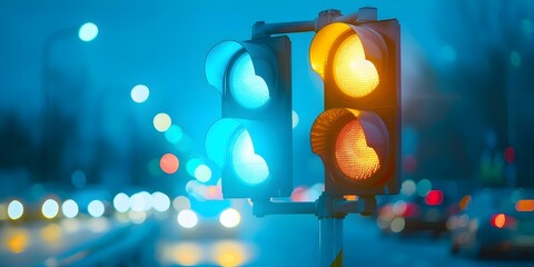 Regulating Traffic at a Busy Crossroad: City Traffic Light Changing Colors. Concept Traffic control, City life, Urban planning, Road safety, Traffic lights
