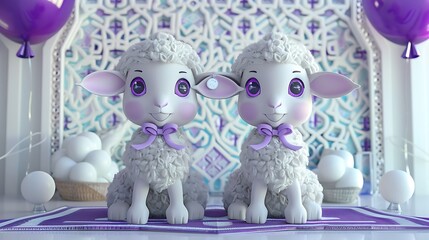 sheep, greeting, islam, three-dimensional, eid, celebration, decoration, background, islamic, muslim, ramadan, sacrifice, illustration, animal, holiday, arabic, happy, design, children, festival, lant