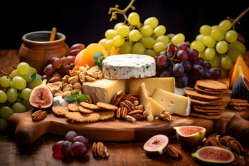 Elegant cheese platter with assorted fruits, nuts, and crackers.	Elegant cheese platter with assorted fruits, nuts, and crackers.