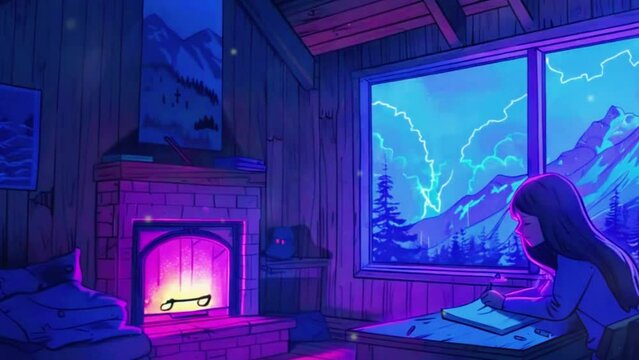 In a high-rise loft with large windows, the girl studies while watching the city lights through the rain, Cyan purple colors manga anime-style chill hip-hop 4k Animation video