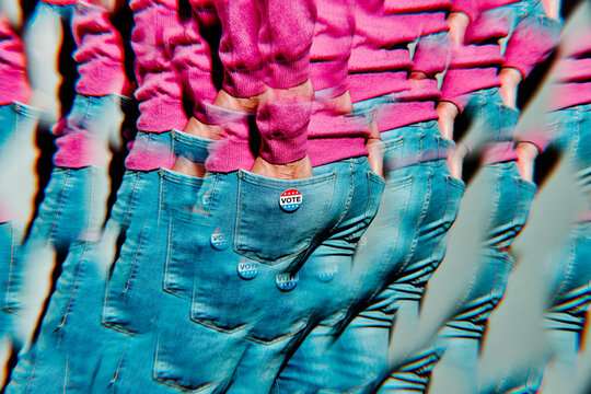 image of a man wearing a US vote badge, kaleidoscopic