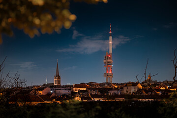 Nighttime view of Prague's Zizkov district, picturesque and scenic.