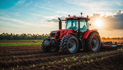 Fototapeta premium Tractor plows a field. Red tractor on a plantation at sunset