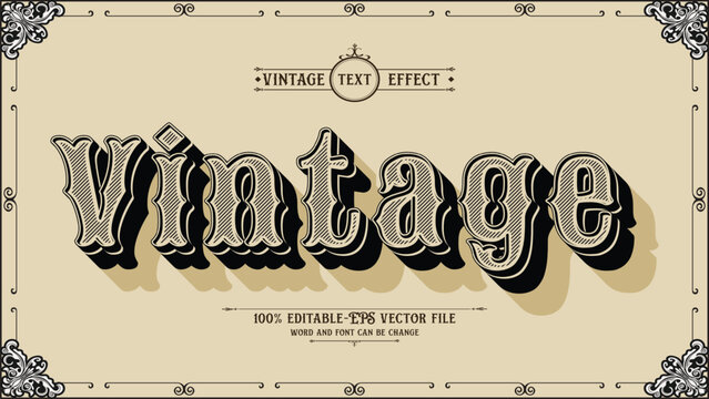 Authentic style vintage 3d editable vector text effect with striped line inside