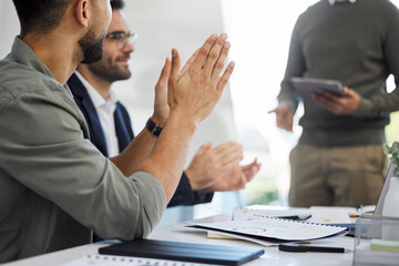 Employee, meeting and people with clapping hands in office for teamwork, collaboration and deal....