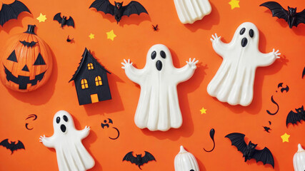 Halloween decorations with ghosts and bats on an orange background. Scene is spooky and festive