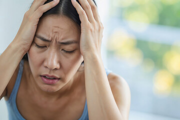 Portrait of Asian woman suffering from headache migraine pain against a blurred window background with copy space. Health problems, stress and depression. Female holds head with hand - Powered by Adobe