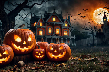 A group of pumpkins with their eyes open and smiling, with a house in the background. Scene is spooky and festive, as it is a Halloween scene