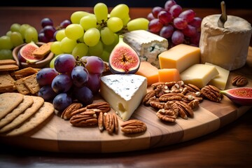 Elegant cheese platter with assorted fruits, nuts, and crackers.	Elegant cheese platter with assorted fruits, nuts, and crackers.