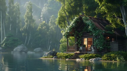 A peaceful lakeside cabin surrounded by lush greenery. 8k, realistic, full ultra HD, high resolution and cinematic photography - Powered by Adobe