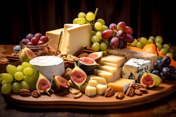 Elegant cheese platter with assorted fruits, nuts, and crackers.	Elegant cheese platter with assorted fruits, nuts, and crackers.