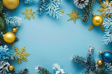 Christmasthemed frame with frosted pine branches, snowflakes, and golden ornaments on a vibrant blue backdrop
