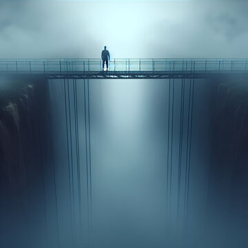 A figure stands on a narrow bridge high above a foggy abyss