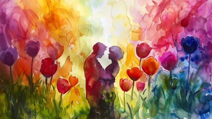A vibrant watercolor painting of two figures embracing in a field of tulips