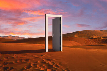 Surreal desert landscape with doorway frame