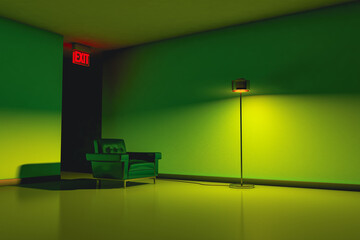 Green room with armchair, lamp, and exit sign
