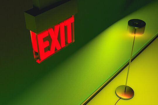 Red exit sign beside lamp in green room