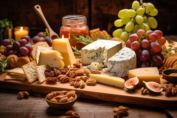 Elegant cheese platter with assorted fruits, nuts, and crackers.	Elegant cheese platter with assorted fruits, nuts, and crackers.