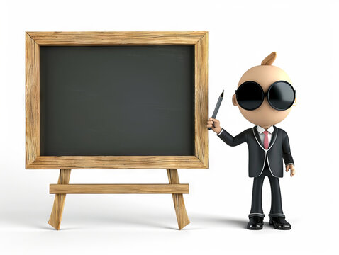 3D cartoon teacher at blackboard