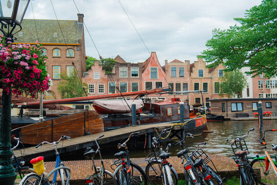 Boats beside the canal in idyllic Dutch town 