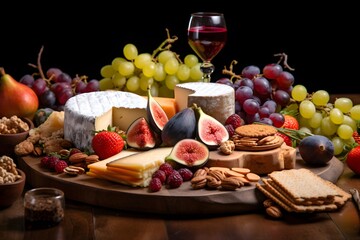 Elegant cheese platter with assorted fruits, nuts, and crackers.	Elegant cheese platter with assorted fruits, nuts, and crackers.
