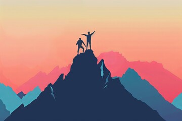 Two people standing on top of a mountain, one of them is holding a flag