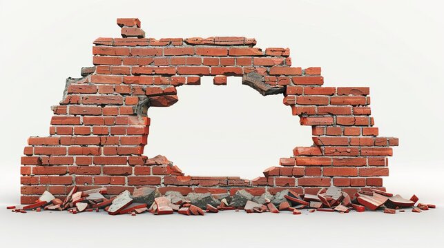 broken red brick wall with gaping hole shattered debris cut out isolated on white 3d render