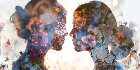 Abstract double exposure of sisters blended with floral patterns