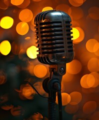 Vintage Microphone in Front of Bokeh Lights