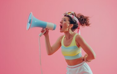 Young woman shouting through a megaphone to announce something in lateral position woman screaming in loudspeaker on pink background