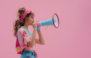Young woman shouting through a megaphone to announce something in lateral position woman screaming in loudspeaker on pink background