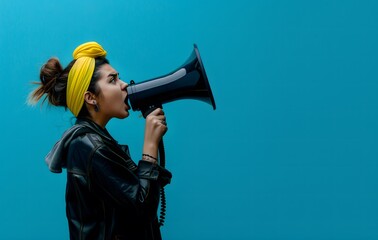 Young woman shouting through a megaphone to announce something in lateral position woman screaming in loudspeaker on blue background