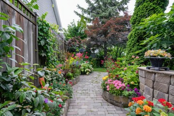A lush backyard garden path flanked by vibrant flower beds and greenery, showcasing a variety of colors and plant types, creating a serene outdoor retreat.