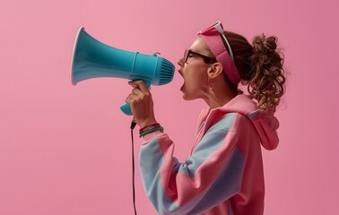 Young woman shouting through a megaphone to announce something in lateral position woman screaming in loudspeaker on pink background