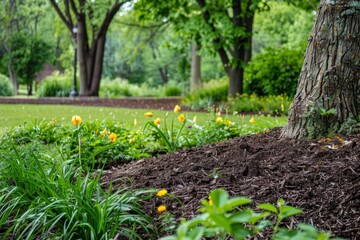 Close-up view of a tree trunk in an urban park with vibrant tulips and lush grass in the background.