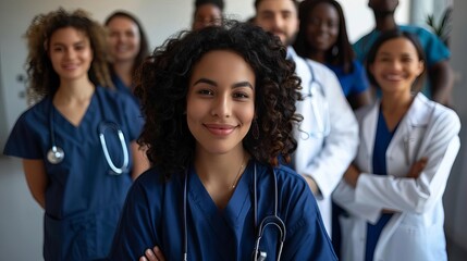 confident young female medical student with diverse team of doctors and nurses healthcare internship concept