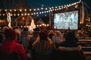 Crowd enjoying a christmas film at an openair cinema, decorated with holiday lights