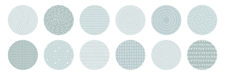Circle shapes with doodle drawn texture. Set of highlight cover icons for social media. . Pastel Natural colors. Modern abstract background. Hand Drawing pattern round icons