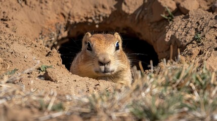 curious prairie dog peeking from burrow in sunlit grassland wildlife photography