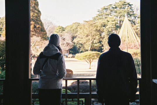 Two anonymous friends in Japanese garden